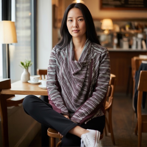 Lucky Brand Sweater Striped Open Front Moto Asymmetrical Zip Boho Cardigan Small - Picture 1 of 8